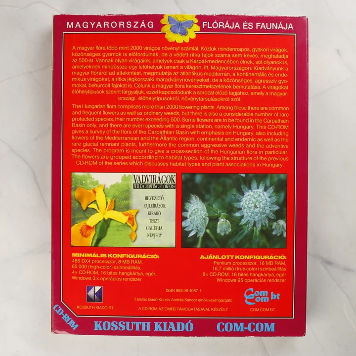 Vadvirágok CD-ROM dobozának hátoldala technikai adatokkal