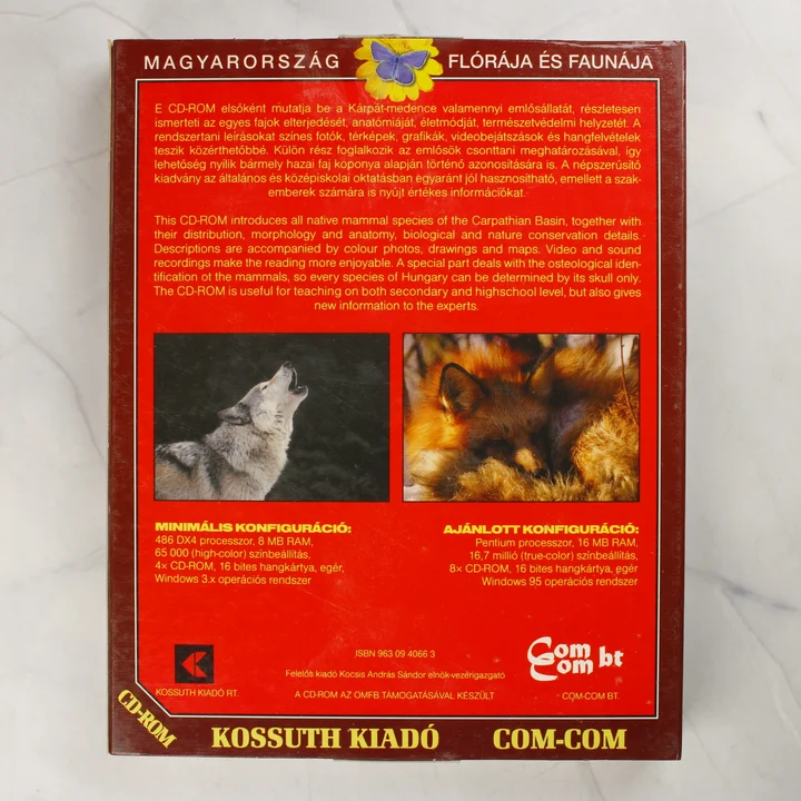 Emlősállatok CD-ROM szoftver dobozának hátoldala leírással