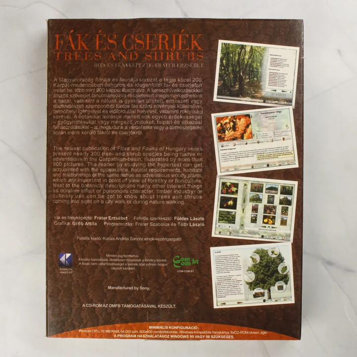 Fák és cserjék CD-ROM karton védőtokjának hátoldala leírással és gépigénnyel