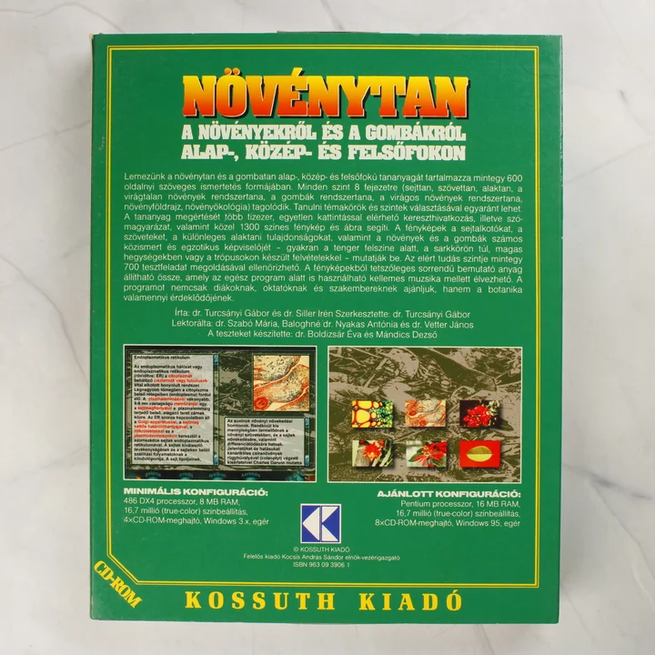 Növénytan CD-ROM hátoldal A Növénytan szoftver dobozának hátoldala a technikai adatokkal és leírással.