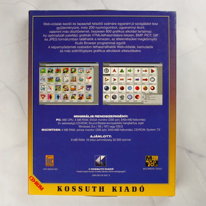 Web grafikák CD-ROM doboz hátnézet Web grafikák CD-ROM szoftver dobozának hátoldala rendszerigényekkel