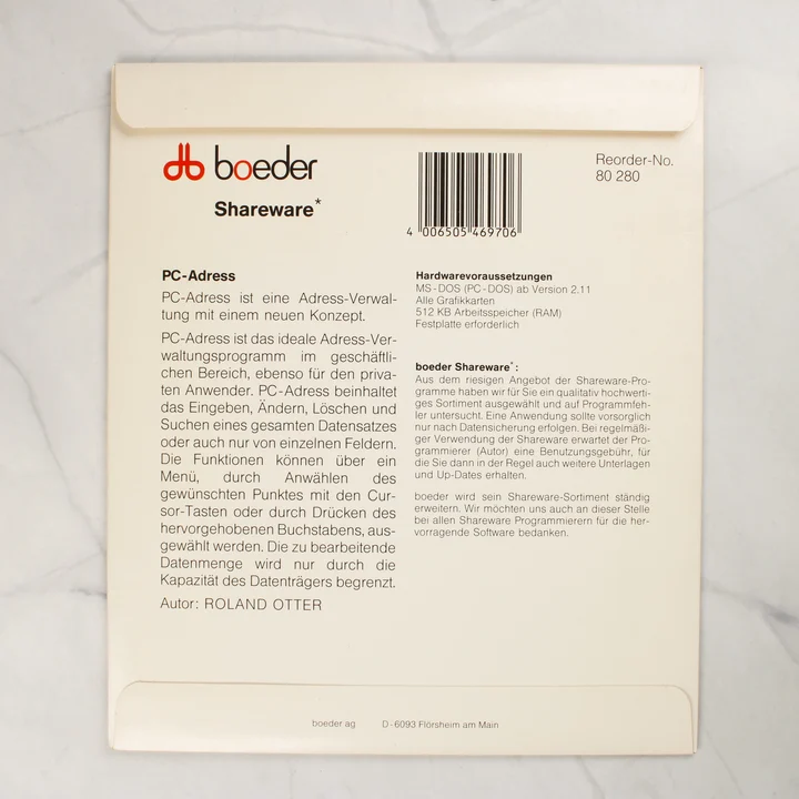 Boeder PC-Adress hátlap Boeder PC-Adress szoftver papírtokjának hátoldala német nyelvű leírással