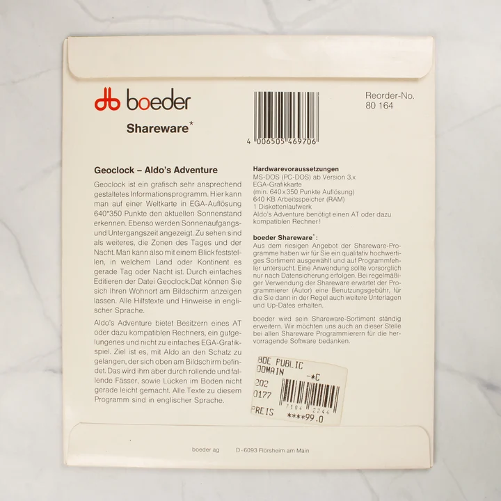Boeder Shareware Hátoldal Boeder Geoclock és Aldo's Adventure szoftver hátoldali leírása