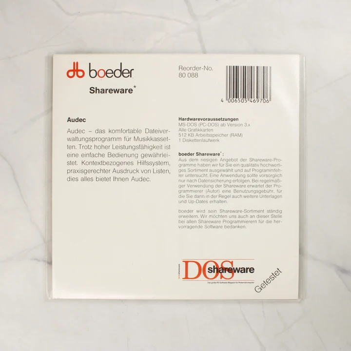 Boeder Audec Shareware tok hátoldal Boeder Audec Shareware szoftver tokjának hátoldala német nyelvű leírással