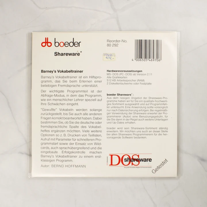 Boeder Barney's Vokabeltrainer hátlap Boeder Barney's Vokabeltrainer szoftver hátoldala német nyelvű leírással