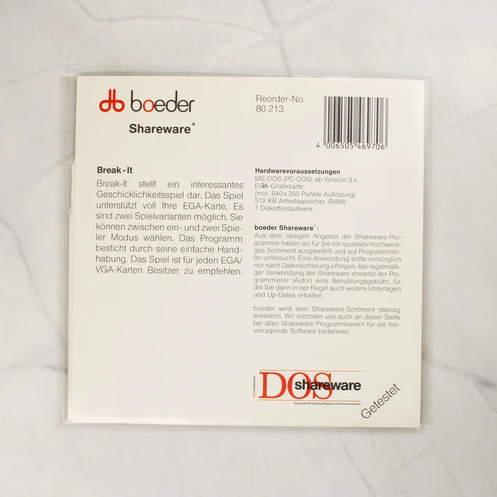 Boeder Break-It videójáték tokjának hátoldala német nyelvű leírással