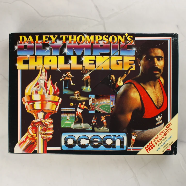 Daley Thompson's Olympic Challenge doboz Daley Thompson's Olympic Challenge Commodore 64 játék dobozának eleje