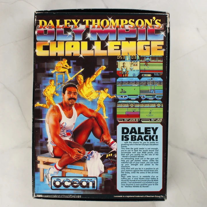 Daley Thompson's Olympic Challenge hátoldal Daley Thompson's Olympic Challenge Commodore 64 játék dobozának hátoldala