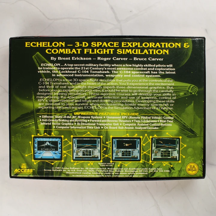 Echelon C64 doboz hátlap Echelon videójáték dobozának hátoldala leírással és képernyőképekkel