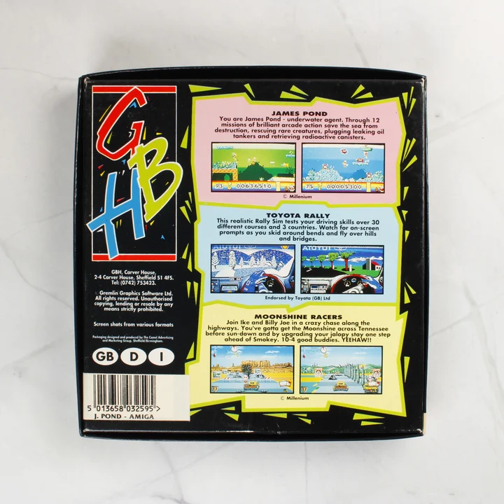 James Pond Amiga játék dobozának hátoldala képernyőmentésekkel