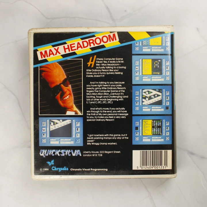 Max Headroom C64 hátlap Max Headroom Commodore 64 videójáték tokjának hátoldala