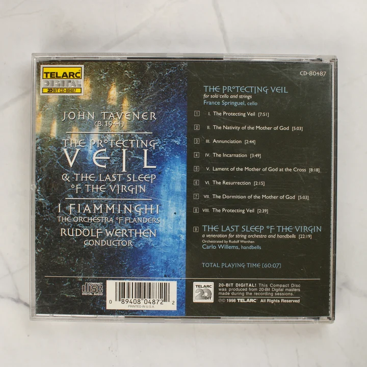 John Tavener - The Protecting Veil CD hátlap John Tavener - The Protecting Veil CD hátsó borítója a számlistával és vonalkóddal