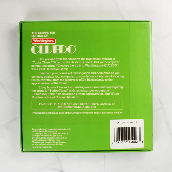 Cluedo ZX Spectrum doboz hátnézet A Cluedo videójáték dobozának hátoldala a leírással és vonalkóddal
