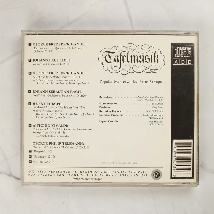 Tafelmusik - Popular Masterworks of the Baroque CD hátlapi borítója a számlistával