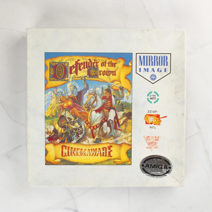 A Defender of the Crown Amiga játék dobozának előlapja lovagi illusztrációval.