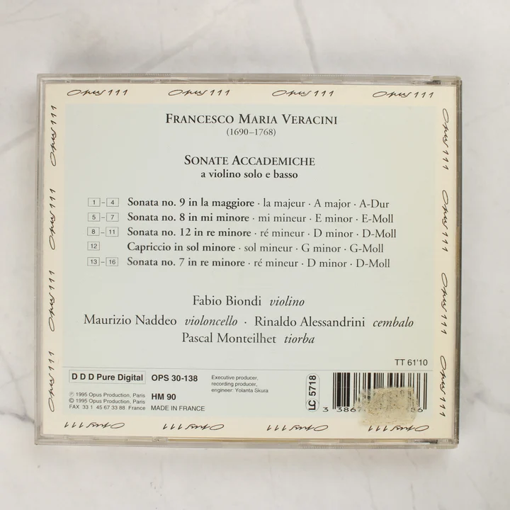 Veracini Sonate Accademiche CD hátlap Veracini Sonate Accademiche CD hátlapja számlistával és vonalkóddal