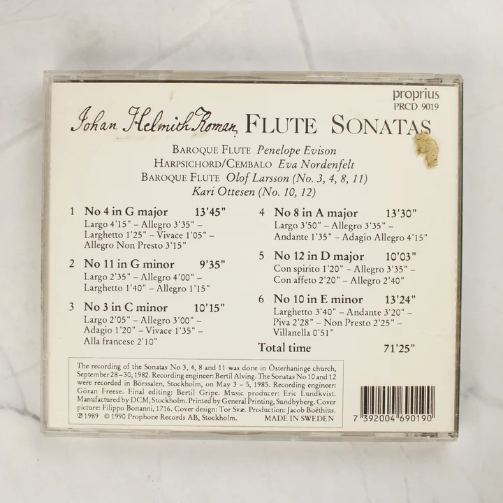 Johan Helmich Roman - Flute Sonatas CD hátlap Johan Helmich Roman - Flute Sonatas CD hátlapja a számlistával és vonalkóddal