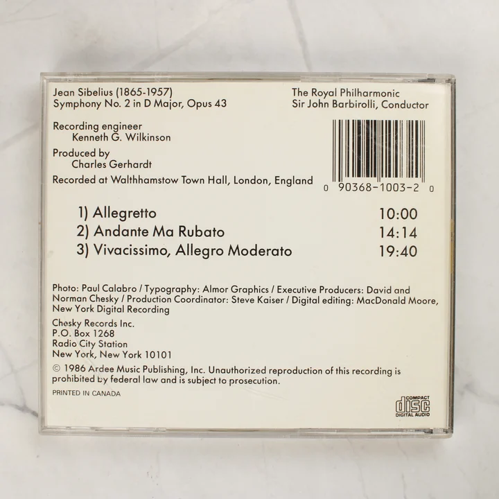 Sibelius Symphony No 2 CD hátlap Sibelius Symphony No 2 CD hátlapja a számlistával és vonalkóddal