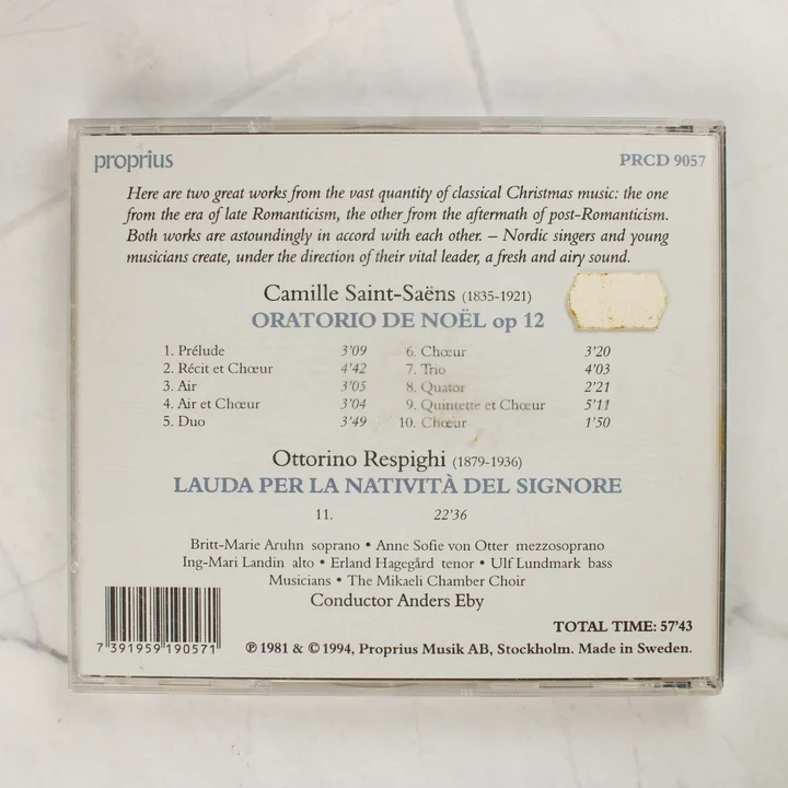 Saint-Saëns és Respighi CD hátlapja a számlistával és a vonalkóddal