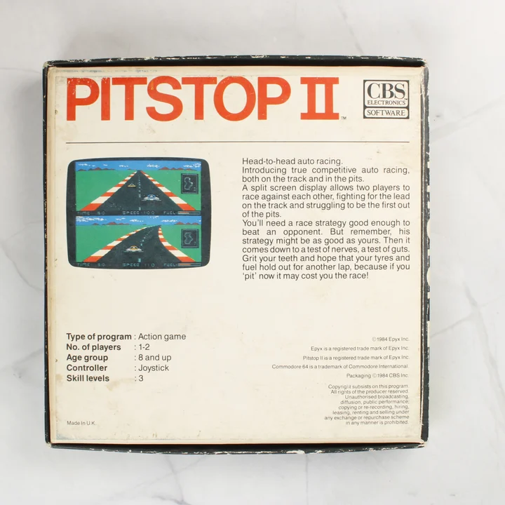 Pitstop II Commodore 64 játék dobozának hátoldala