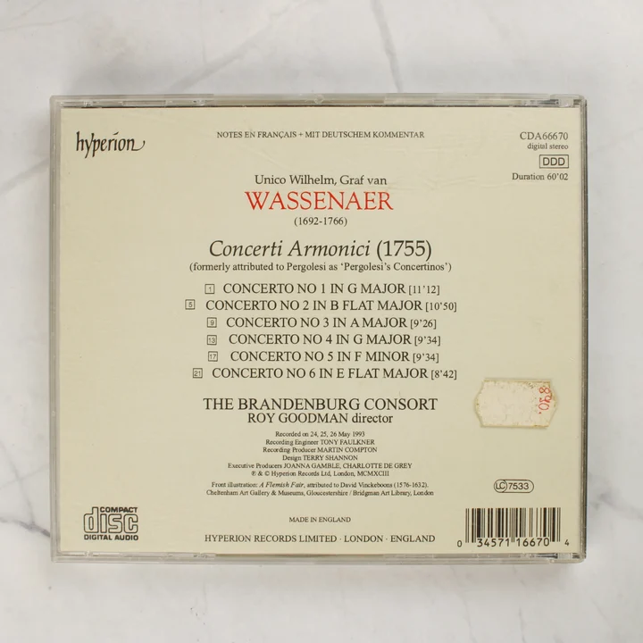 Wassenaer Concerti Armonici CD hátlapja a számlistával