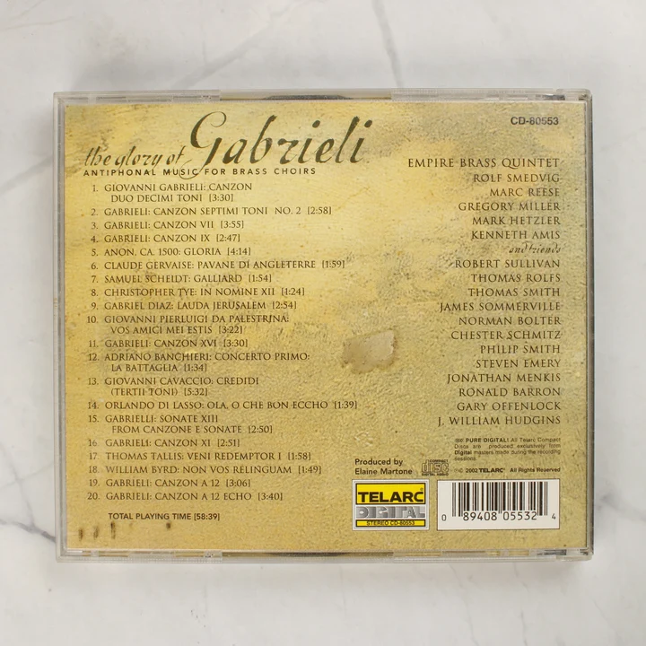The Glory of Gabrieli CD hátlapja a számlistával és vonalkóddal