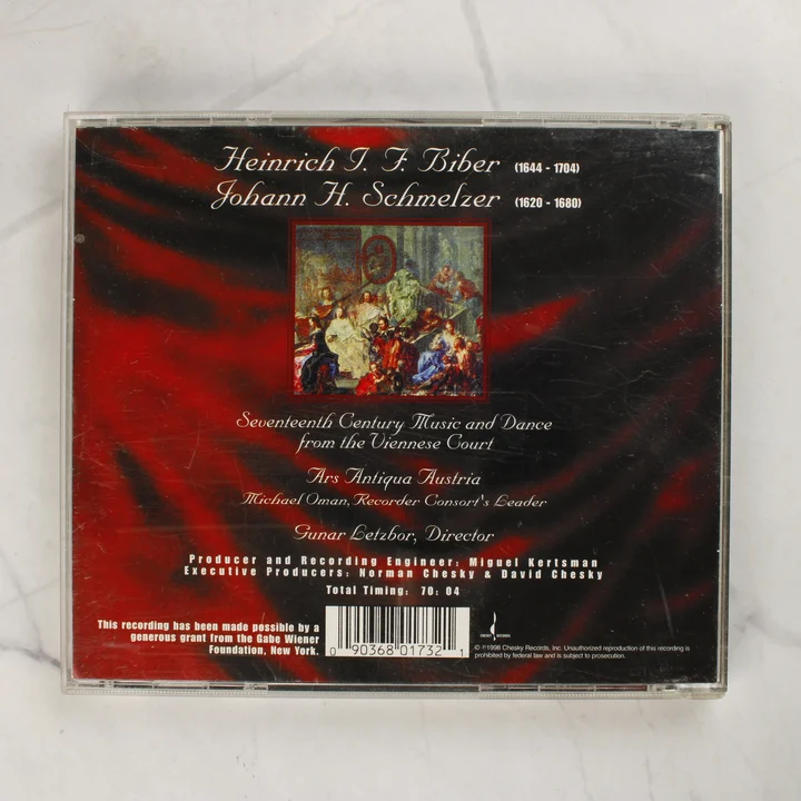 Heinrich I. F. Biber & Johann H. Schmelzer CD hátlap Heinrich I. F. Biber és Johann H. Schmelzer CD tokjának hátlapja vonalkóddal