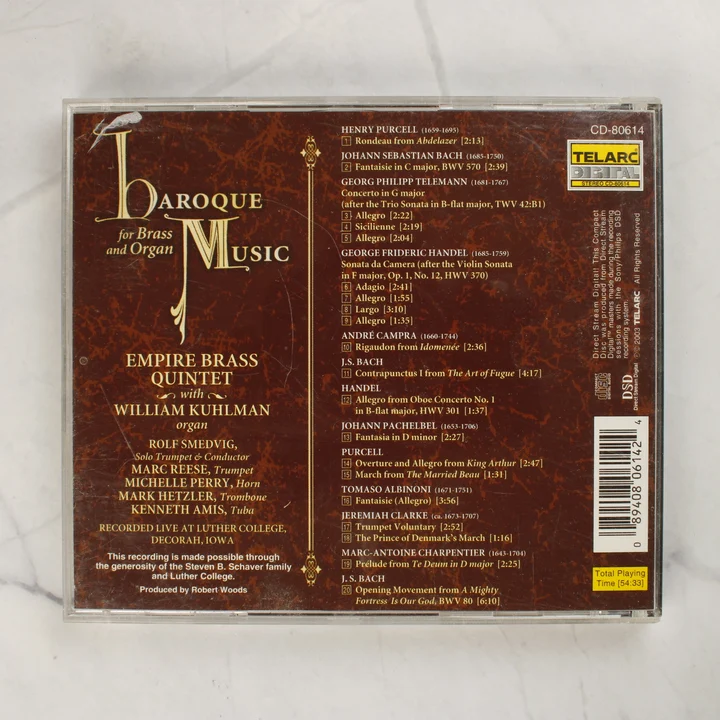 Baroque Music for Brass and Organ CD hátlap A Baroque Music for Brass and Organ CD hátlapja a számlistával