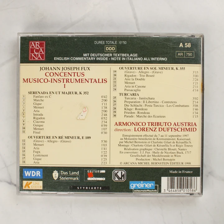 Johann Joseph Fux - Concentus Musico-Instrumentalis I CD hátlap Johann Joseph Fux - Concentus Musico-Instrumentalis I CD hátlapja a számlistával