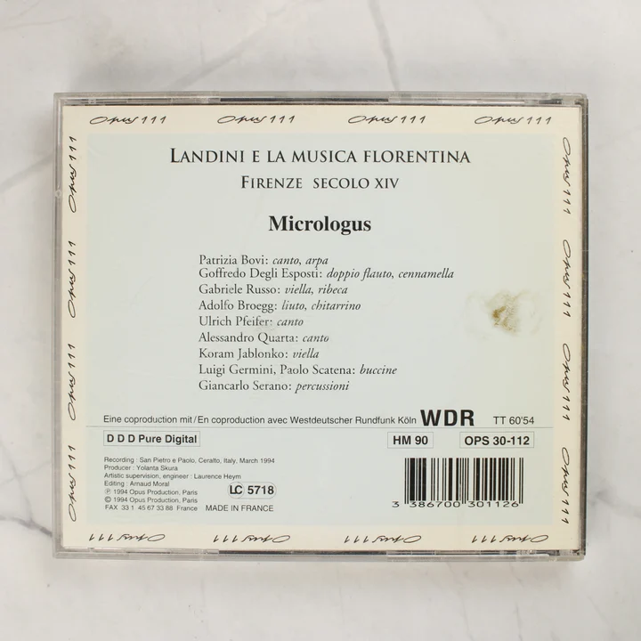 A Micrologus együttes Landini e la musica florentina című CD-jének hátlapja a számlistával és vonalkóddal