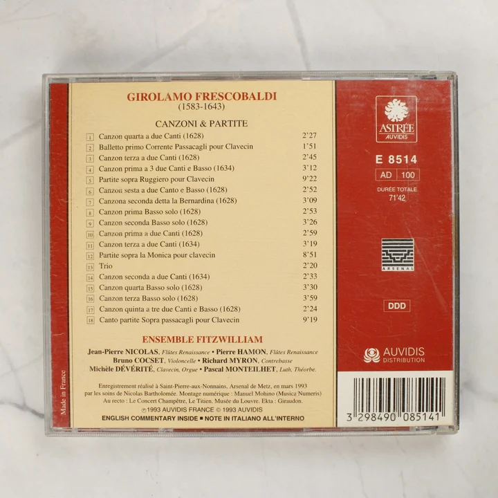 Girolamo Frescobaldi - Canzoni & Partite CD hátlap Girolamo Frescobaldi Canzoni & Partite CD-jének hátlapja számlistával és vonalkóddal
