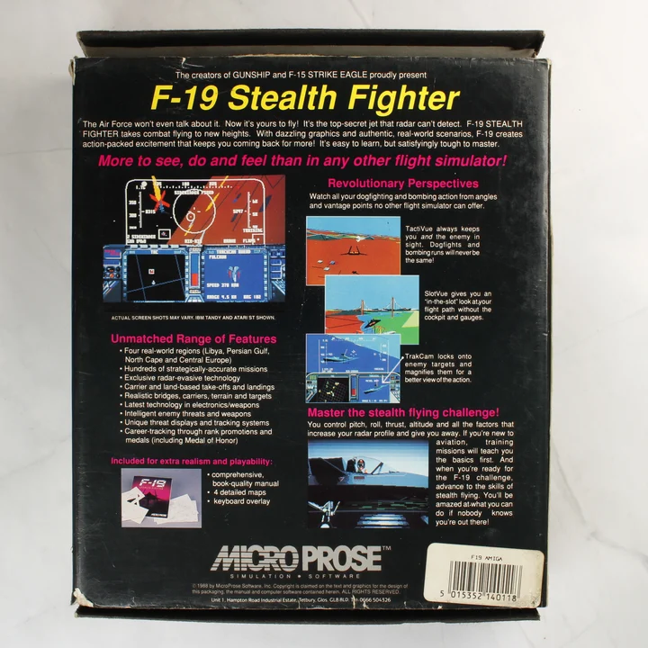 F-19 Stealth Fighter Amiga játék dobozának hátoldala