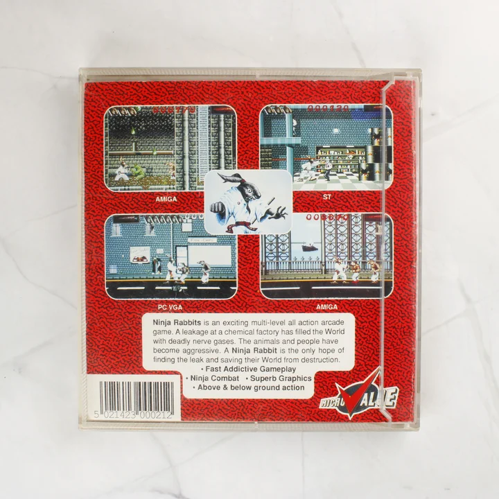 Ninja Rabbits C64 videójáték hátlapi borítója leírással és képernyőfotókkal