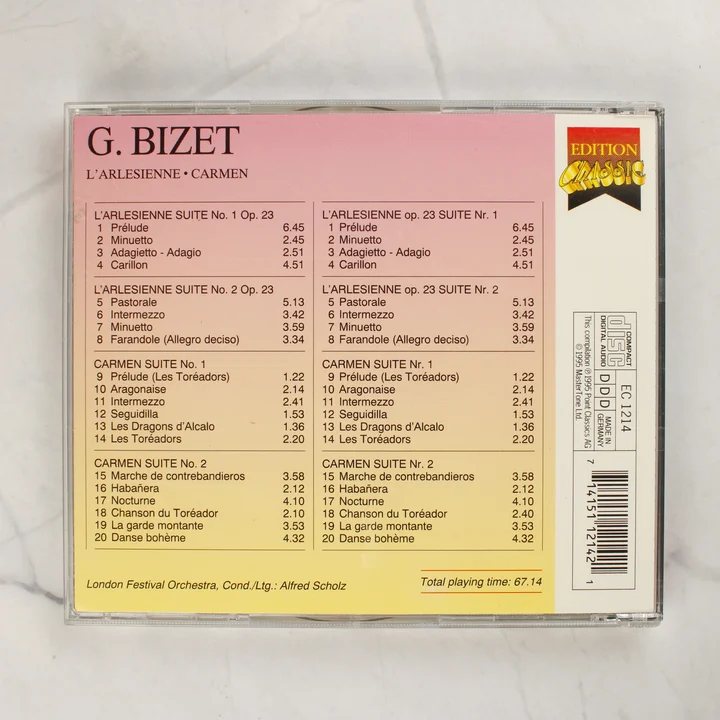 G. Bizet - L'Arlesienne / Carmen CD hátlap G. Bizet L'Arlesienne és Carmen CD-jének hátlapi borítója a számlistával és vonalkóddal
