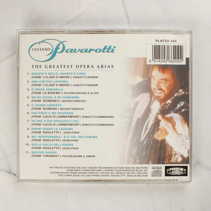 Luciano Pavarotti - The Greatest Opera Arias CD hátlap Luciano Pavarotti - The Greatest Opera Arias CD hátsó borítója a számlistával és vonalkóddal