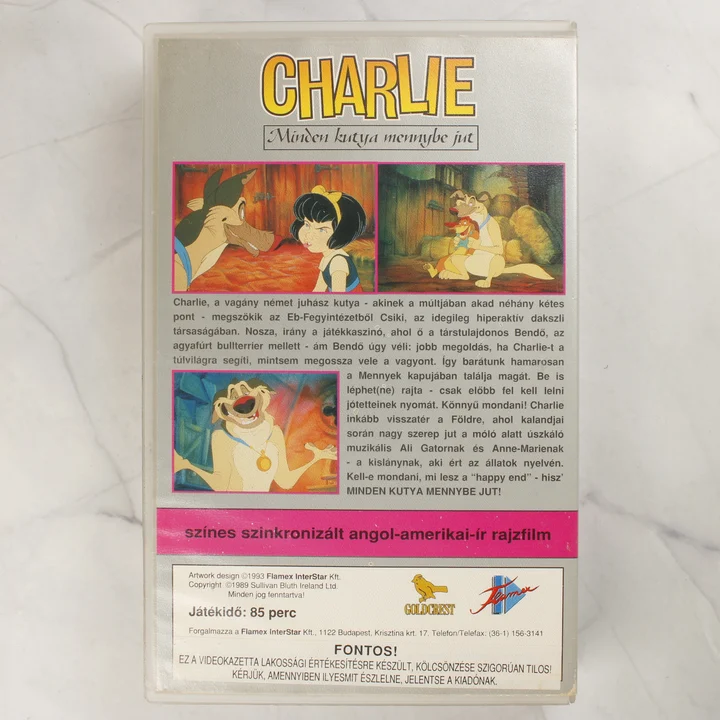 Charlie - Minden kutya mennybe jut VHS borító hátlap A Charlie - Minden kutya mennybe jut című rajzfilm VHS tokjának hátlapja a leírással
