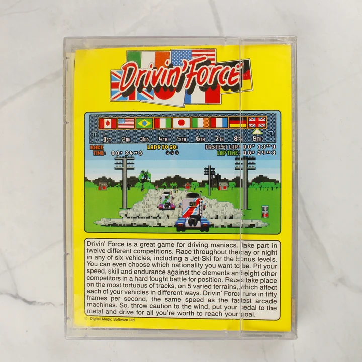 A Drivin' Force Amiga videójáték tokjának hátlapja játékmenet-képpel és leírással