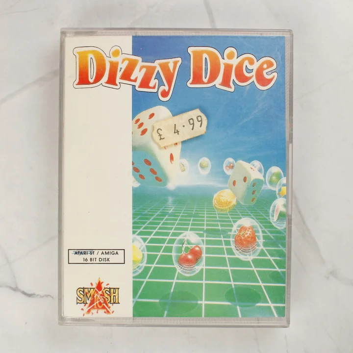 A Dizzy Dice videójáték tokjának előlapja árcédulával