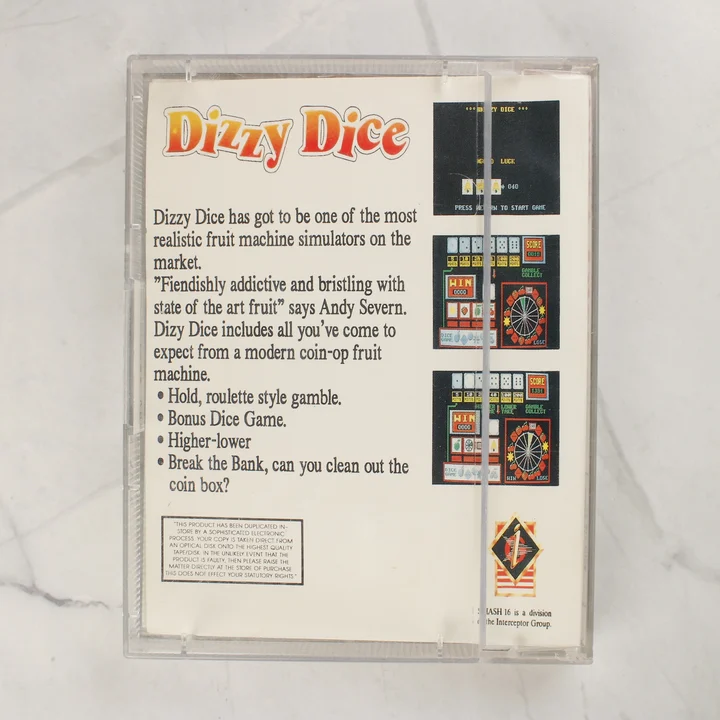 A Dizzy Dice videójáték tokjának hátlapja leírással és képernyőképekkel