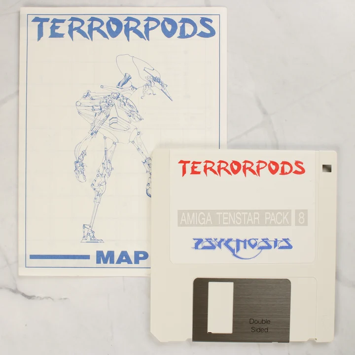 Terrorpods Amiga floppy lemez és térkép A Terrorpods játékhoz tartozó 3,5 colos floppy lemez és a mellékelt papírtérkép