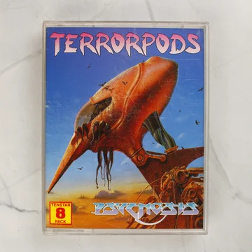 A Terrorpods Amiga videójáték tokjának előlapja a Psygnosis grafikájával