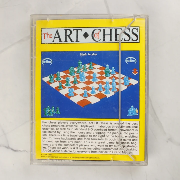 The Art of Chess Amiga videójáték tokjának hátoldala leírással és képernyőképpel