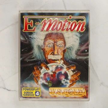 Az E-Motion Amiga videójáték tokjának előlapja Albert Einstein grafikájával