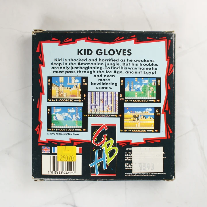Kid Gloves Amiga doboz hátnézet A Kid Gloves Amiga játék dobozának hátoldala képernyőfotókkal