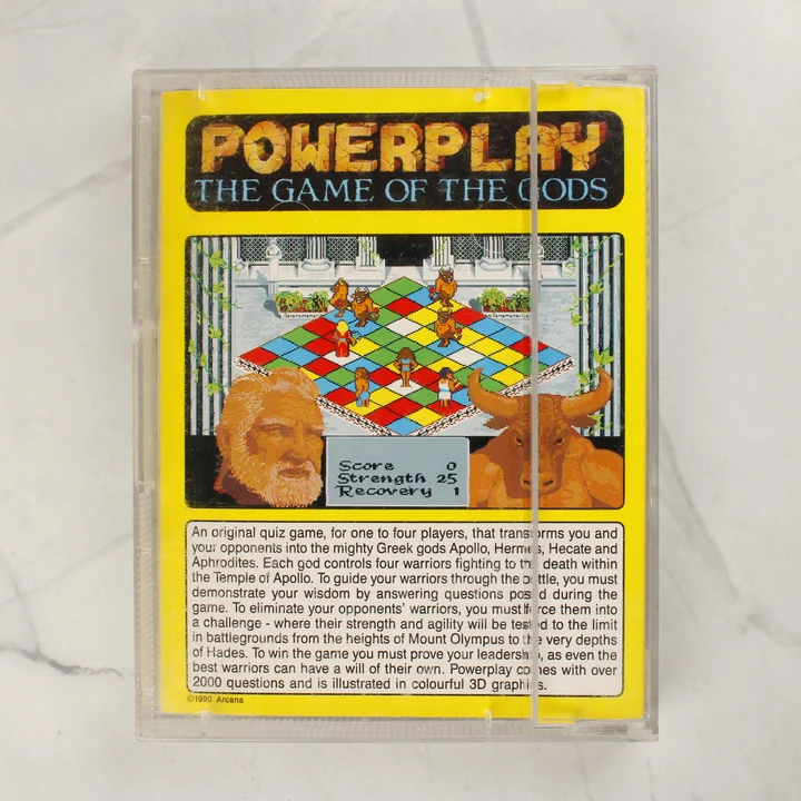 A Powerplay: The Game of the Gods Amiga videójáték tokjának hátlapja leírással és képernyőképpel