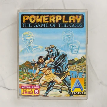 A Powerplay: The Game of the Gods Amiga videójáték tokjának előlapja mitológiai illusztrációval