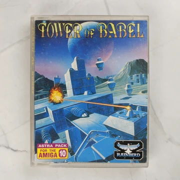 A Tower of Babel Amiga játék tokjának előlapja színes sci-fi grafikával