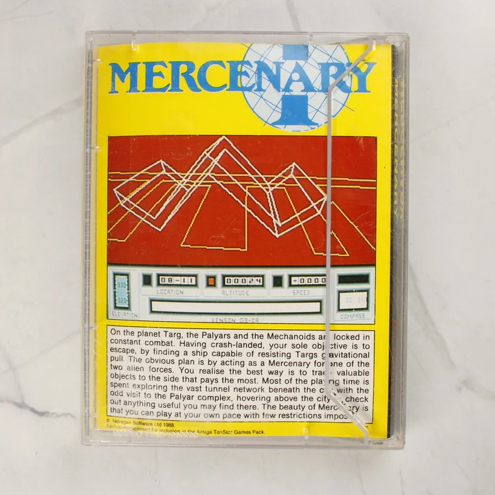 Mercenary Escape from Targ Amiga játék tok hátlap A Mercenary Escape from Targ Amiga videójáték tokjának hátlapja sárga borítóval és leírással