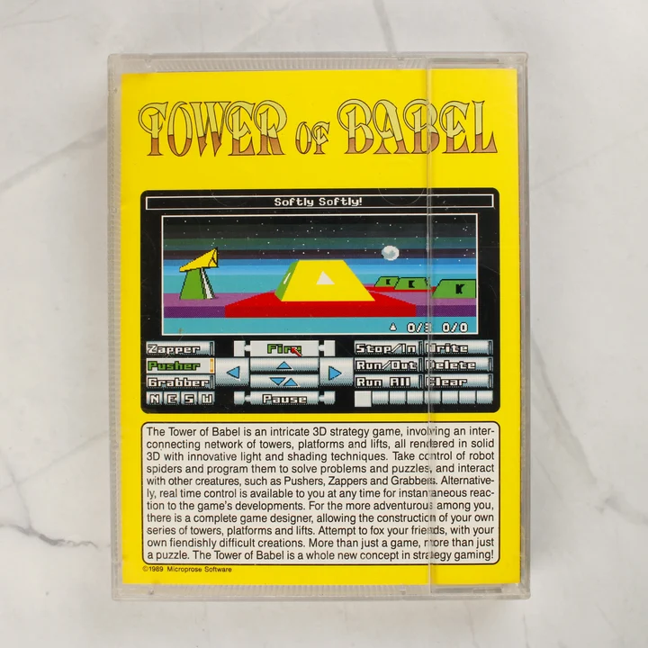 A Tower of Babel videójáték tokjának sárga hátlapja leírással és képernyőképpel