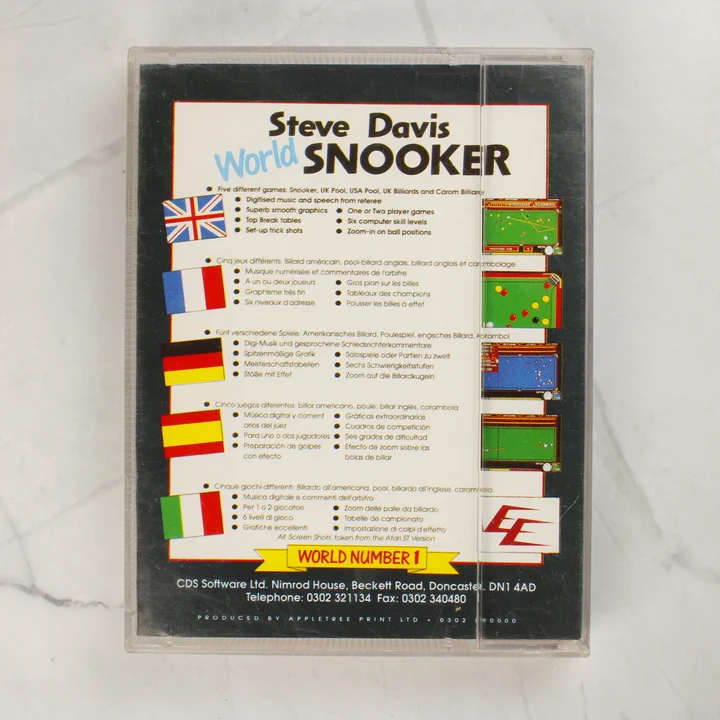 A Steve Davis World Snooker Atari ST játék tokjának hátoldala a leírással